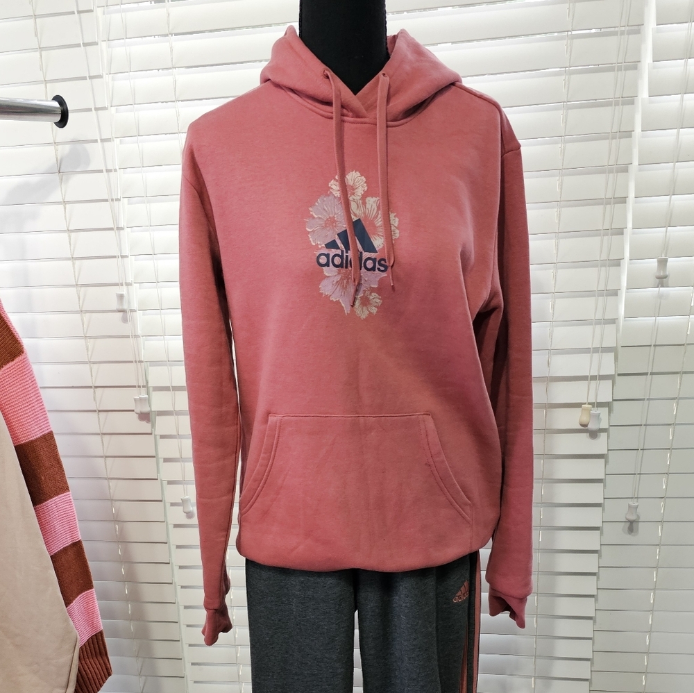 Adidas Womens Rose Pink Hoodie with Floral Logo Size M